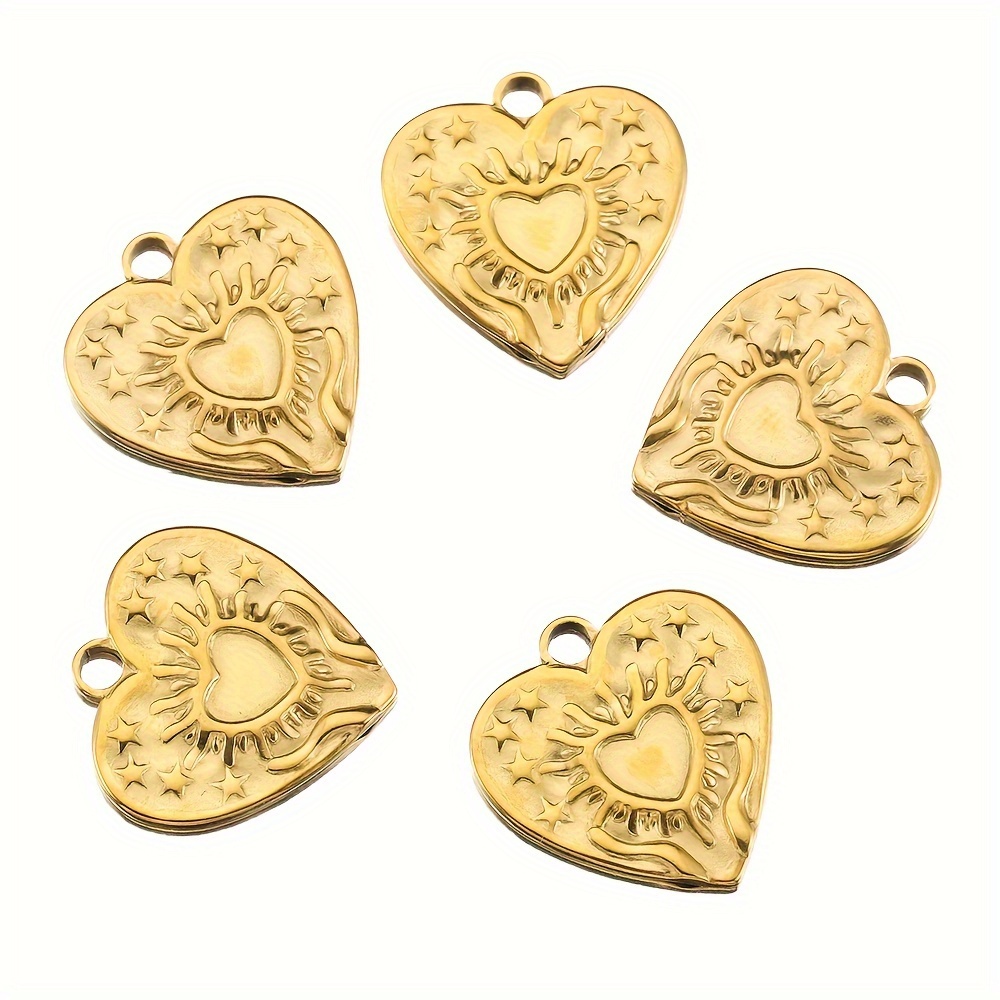 5pcs 304 Stainless Steel Love Charms 17mm Sunburst Heart Pendant